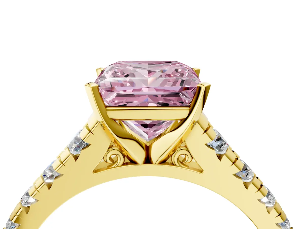 Fancy Pink Princess Cut Diamond Cathedral Solitaire Ring with Round Pavé Band Yellow gold