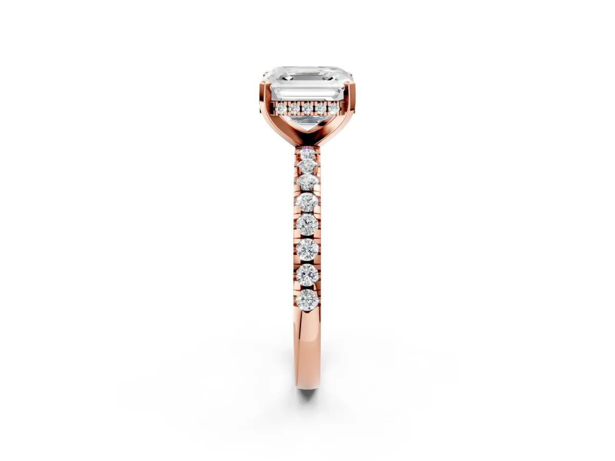 Asscher Cut Diamond Solitaire Ring with Round Moissanite Pavé Band and Four-Prong Setting Rose gold