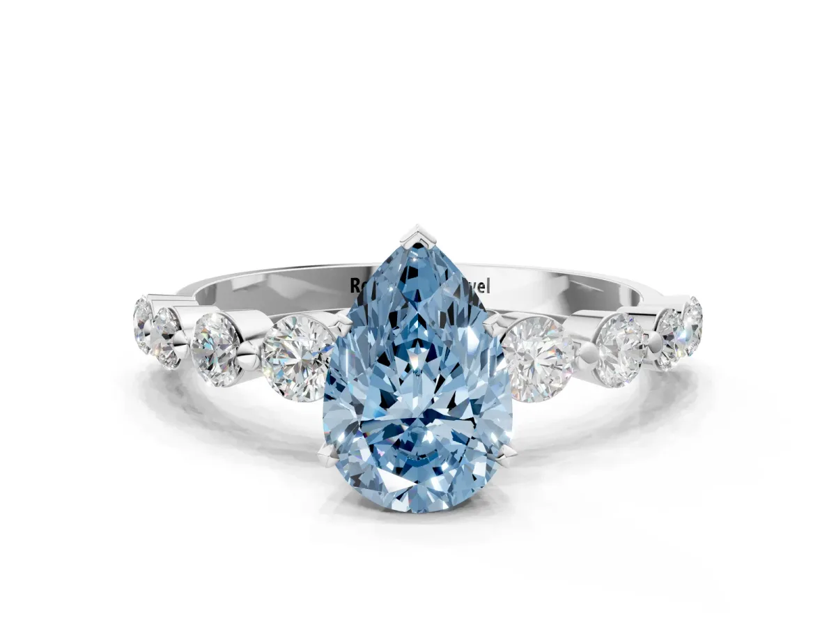 Fancy Blue Pear Cut Solitaire Diamond Ring with Pave Band and Four-Prong Setting Platinum