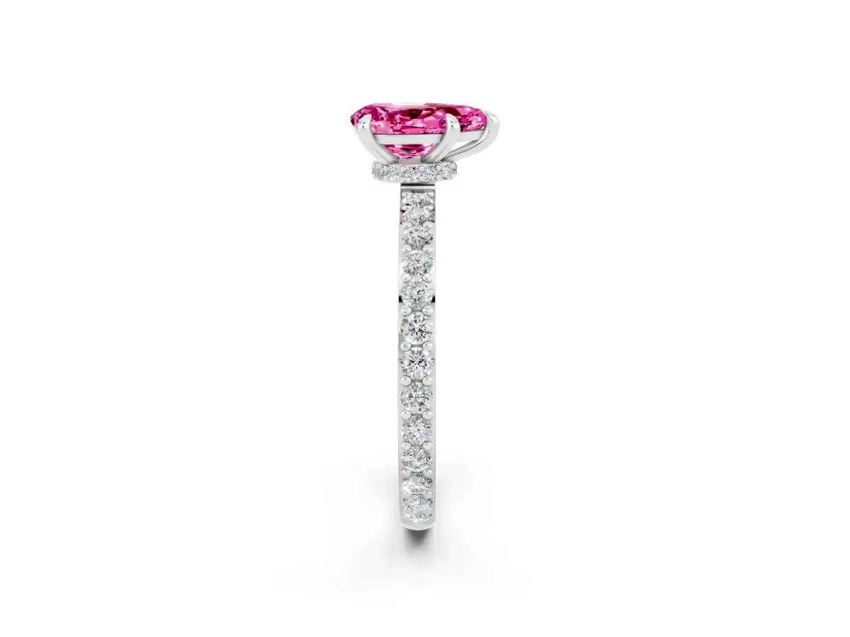 Pear Cut Pink Sapphire Solitaire Engagement Ring with Pavé Band and Four-Prong Setting White gold