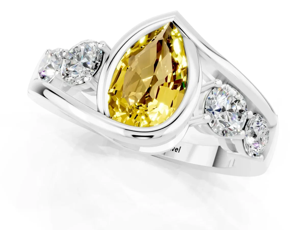 Bezel Set Pear Cut Yellow Sapphire Bypass Ring with Round Accents Platinum