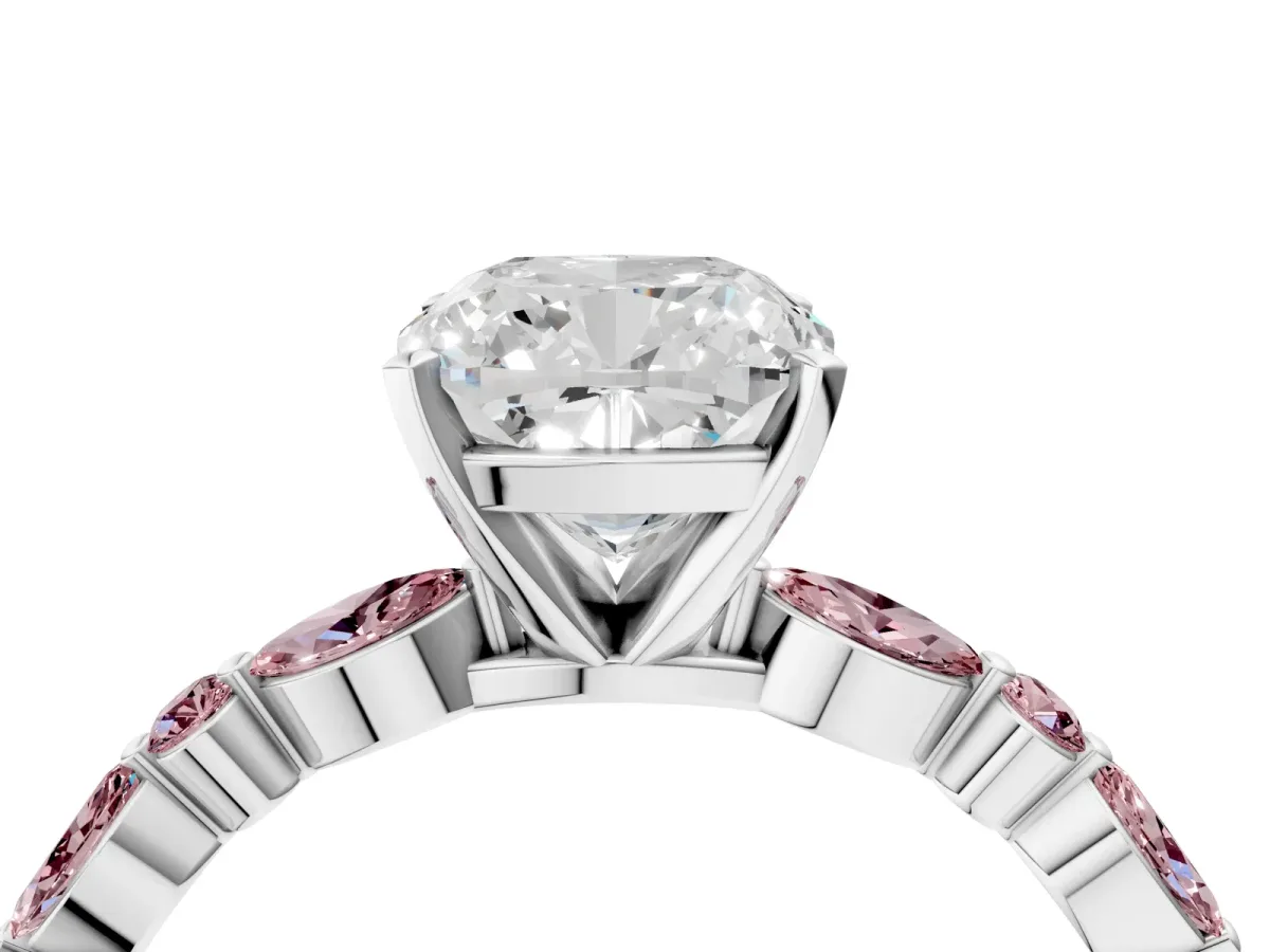 Cushion Cut Diamond Ring with Marquise and Round Morganite Side Stones and Four-Prong Setting White gold