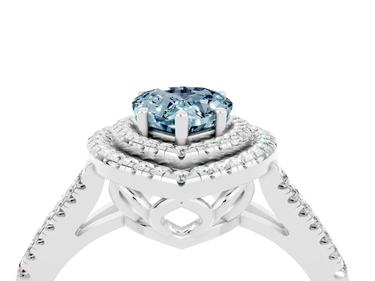 Pear Cut Aquamarine Double Halo Ring with Pavé Band and Prong Setting White gold