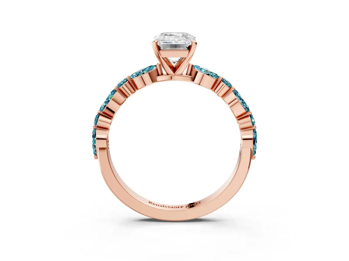 Emerald Cut Diamond Ring with Marquise and Round Blue Topaz Side Stones and Four-Prong Setting Rose gold