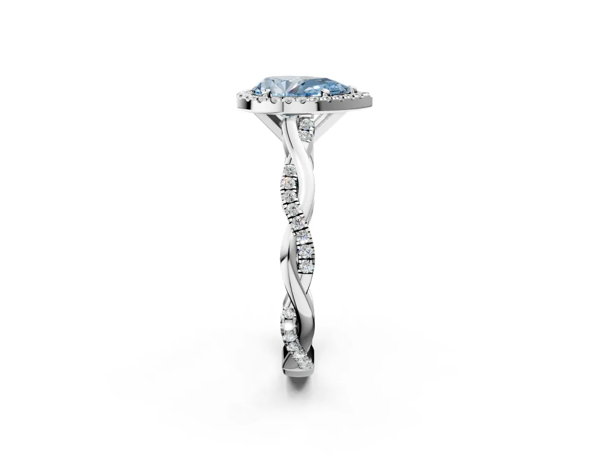 Fancy Blue Pear Cut Cut Halo Twisted Band Four-Prong Ring Platinum