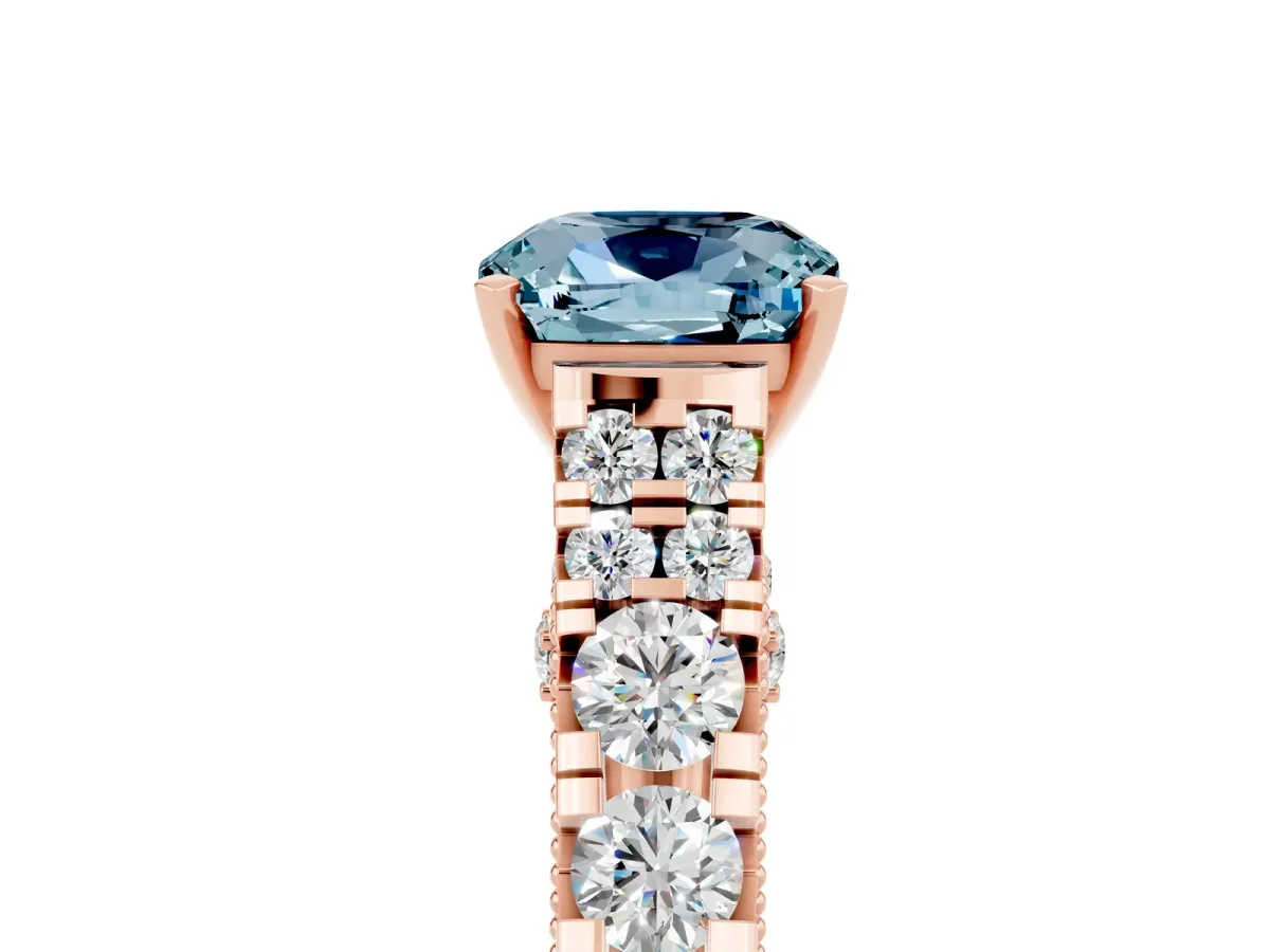 Cushion Cut Aquamarine Classic Solitaire Ring with Pavé Band and Four-Prong Setting Rose gold