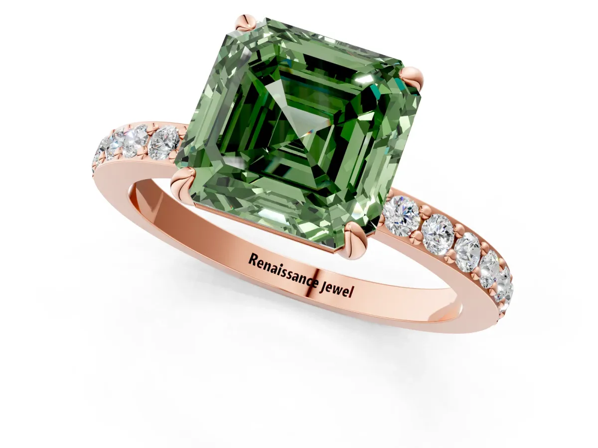 Fancy Green Asscher Cut Diamond Solitaire Engagement Ring with Pavé Band and Four-Prong Setting Rose gold