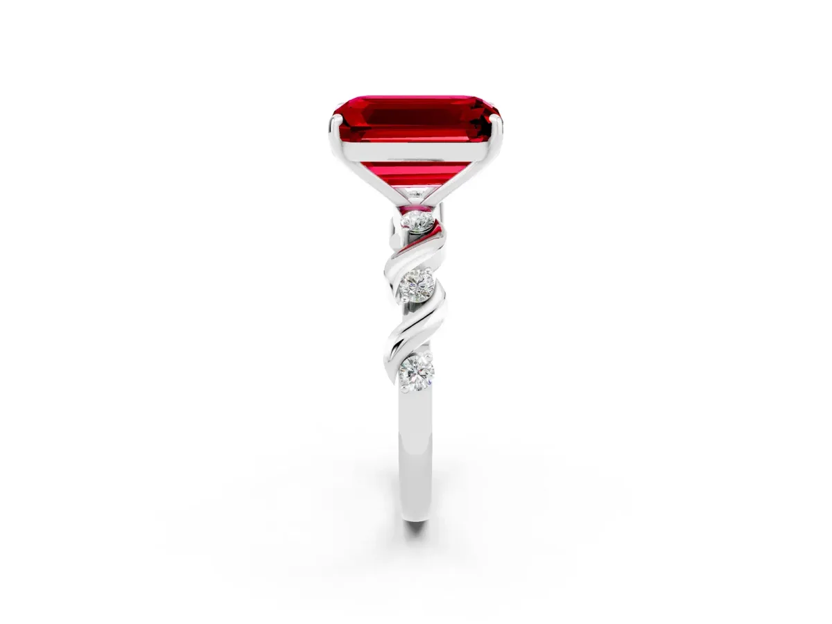 Emerald Cut Ruby Solitaire Twisted Band with Round Accents and Prong Setting Silver
