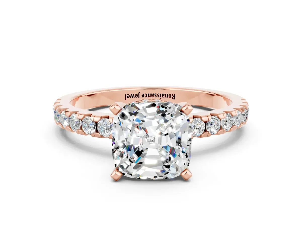 Cushion Cut Moissanite Solitaire Ring with Round Pavé Band and Four-Prong Setting Rose gold