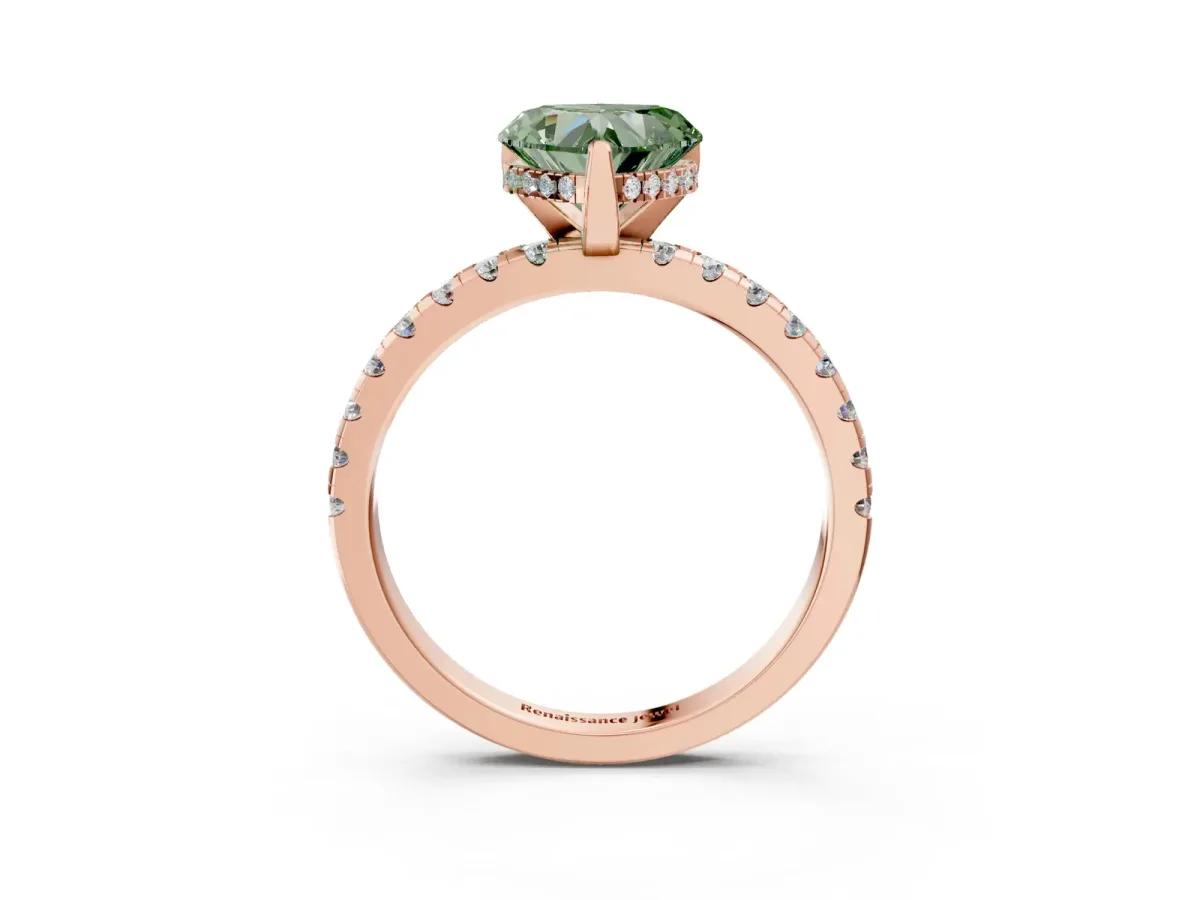 Fancy Green Heart Cut Diamond Solitaire Ring with Round Pavé Band and Four-Prong Setting Rose gold