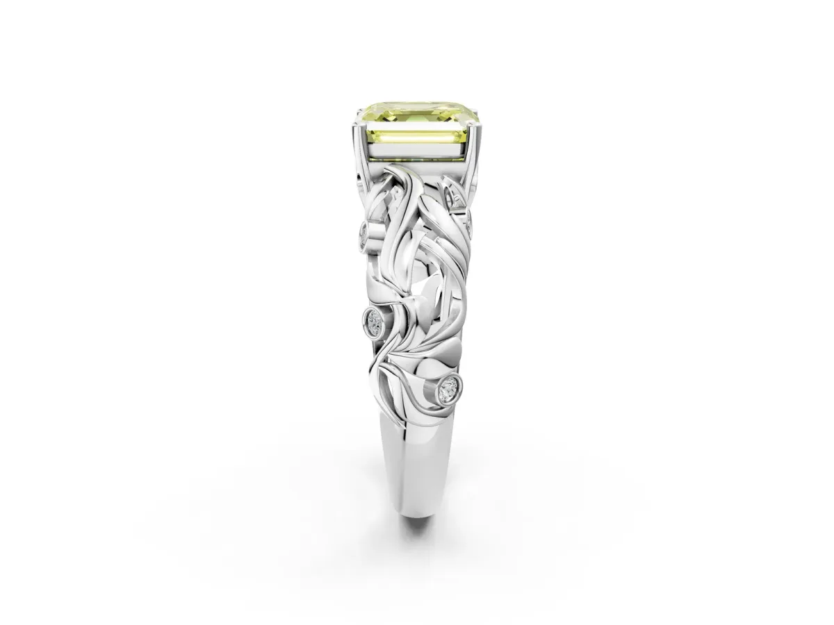 Fancy Yellow Asscher Cut Solitaire Diamond Leaf-Inspired Vine Band Ring with Prong Setting Platinum