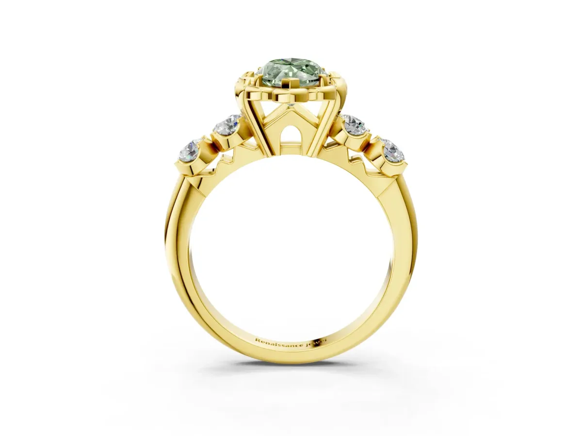 Fancy Green Marquise Cut Cut Diamond Floral Halo Engagement Ring with Shared Prong Setting Yellow gold