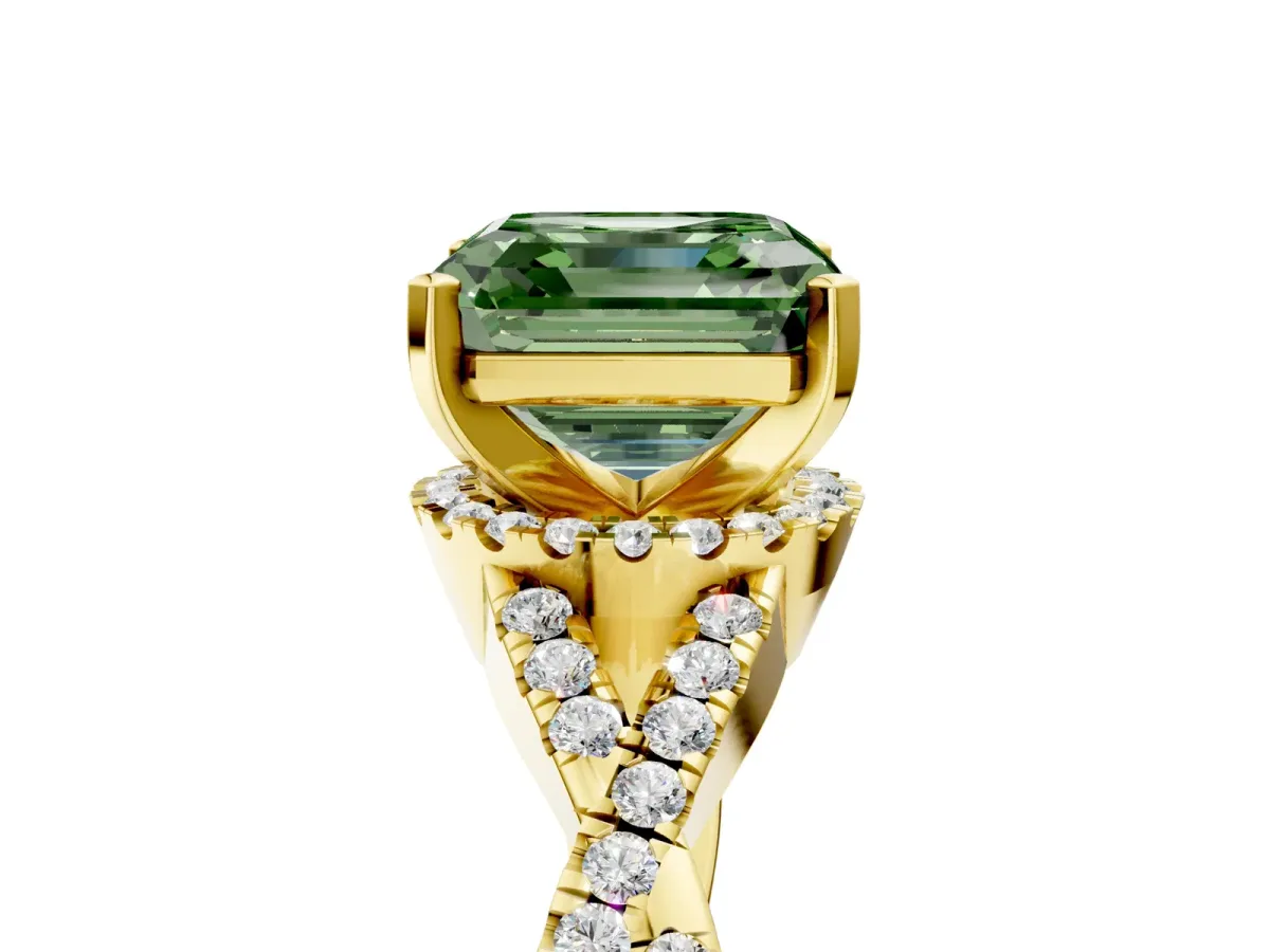 Fancy Green Asscher Cut Diamond Halo Twist Band Solitaire Prong Setting Ring Yellow gold