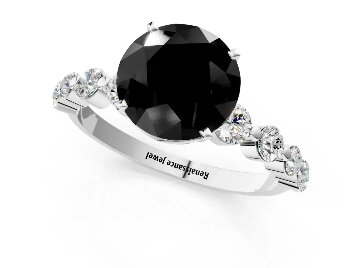 Fancy Black Round Cut Solitaire Diamond Ring with Pave Band and Four-Prong Setting Silver