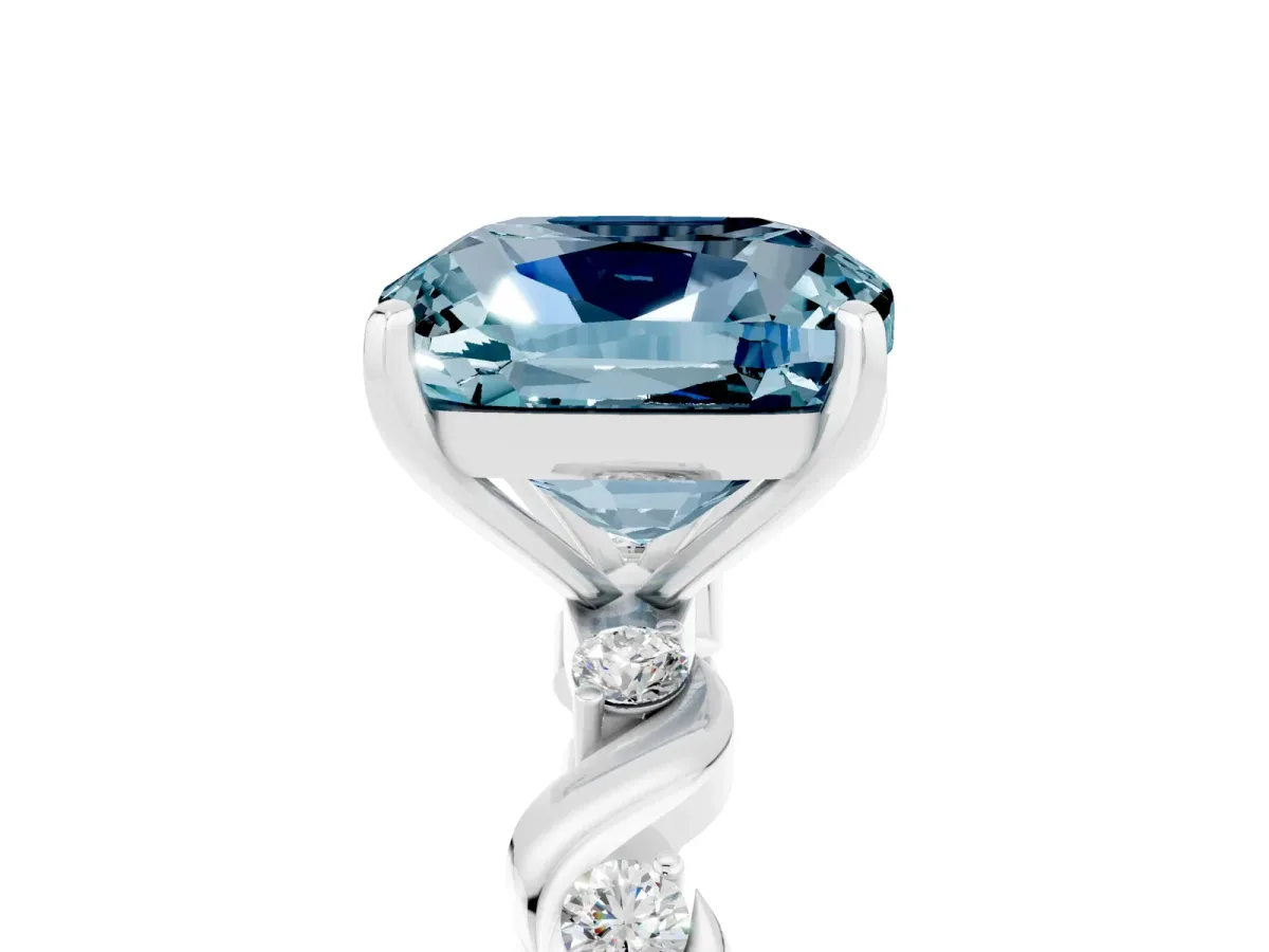 Cushion Cut Aquamarine Solitaire Twisted Band with Round Accents and Prong Setting Platinum