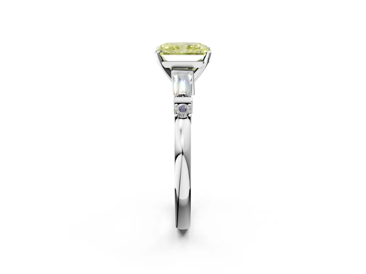 Fancy Yellow Radiant Cut Cut Diamond Ring with Baguette Side Stones, Channel Set Band, and Four-Prong Setting Platinum