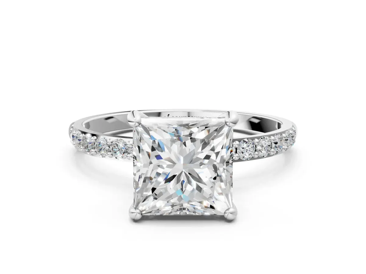 Princess Cut Diamond Solitaire Ring with Round Pavé Band and Prong Setting White gold