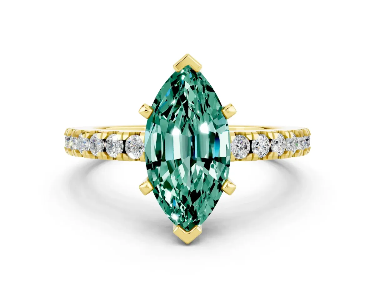 Marquise Cut Solitaire Green Sapphire with Pavé Band and Four-Prong Setting Yellow gold