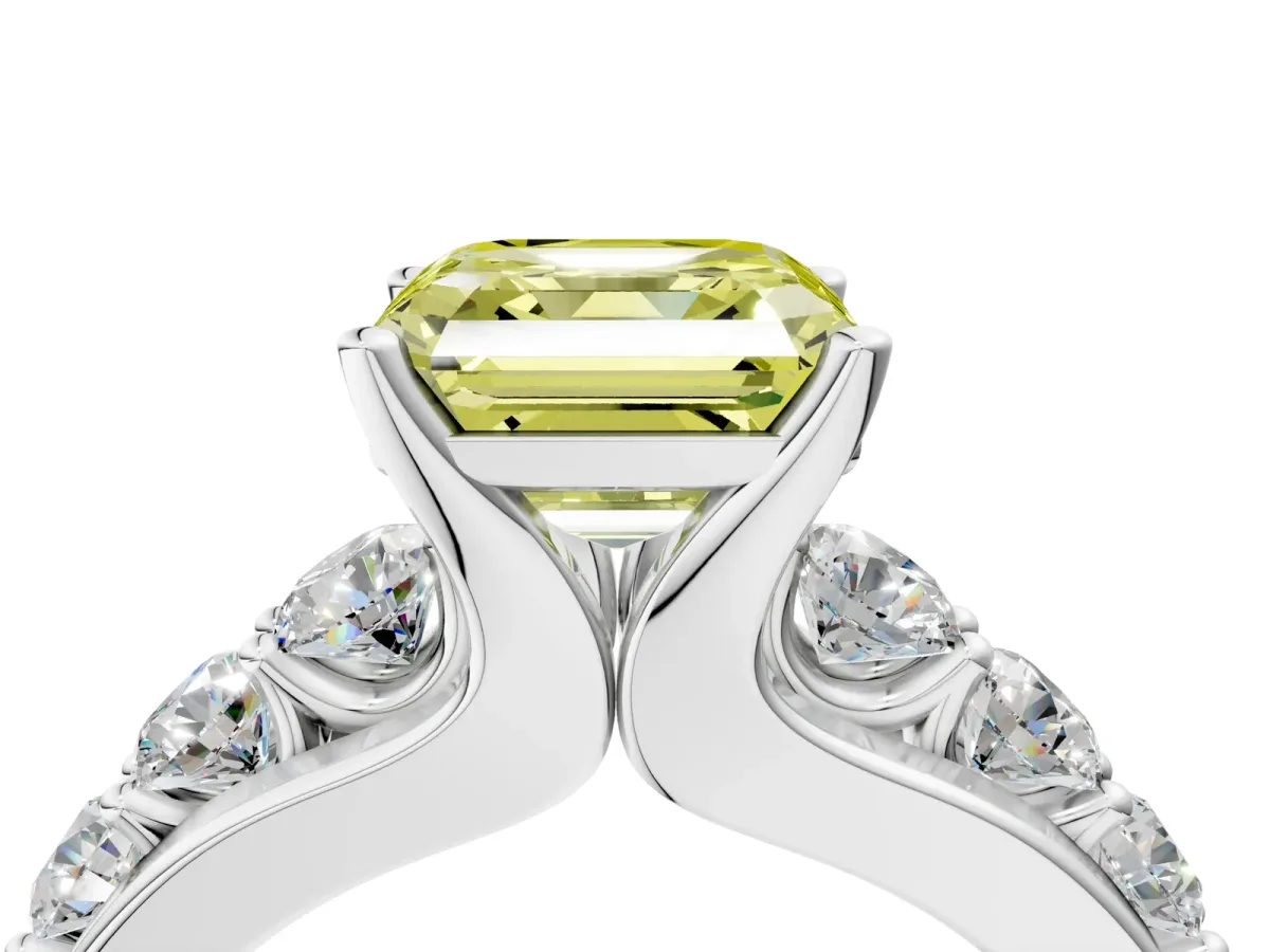Fancy Yellow Asscher Cut Brilliant Solitaire with Side Stones on a Pave Band and Four-Prong Setting Platinum