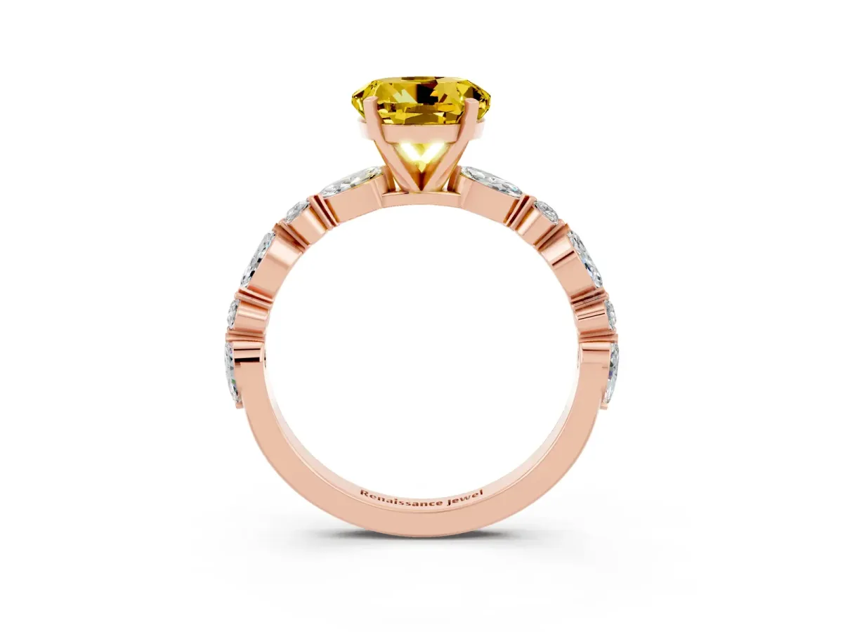 Round Cut Yellow Sapphire Ring with Marquise and Round Side Stones and Four-Prong Setting Rose gold