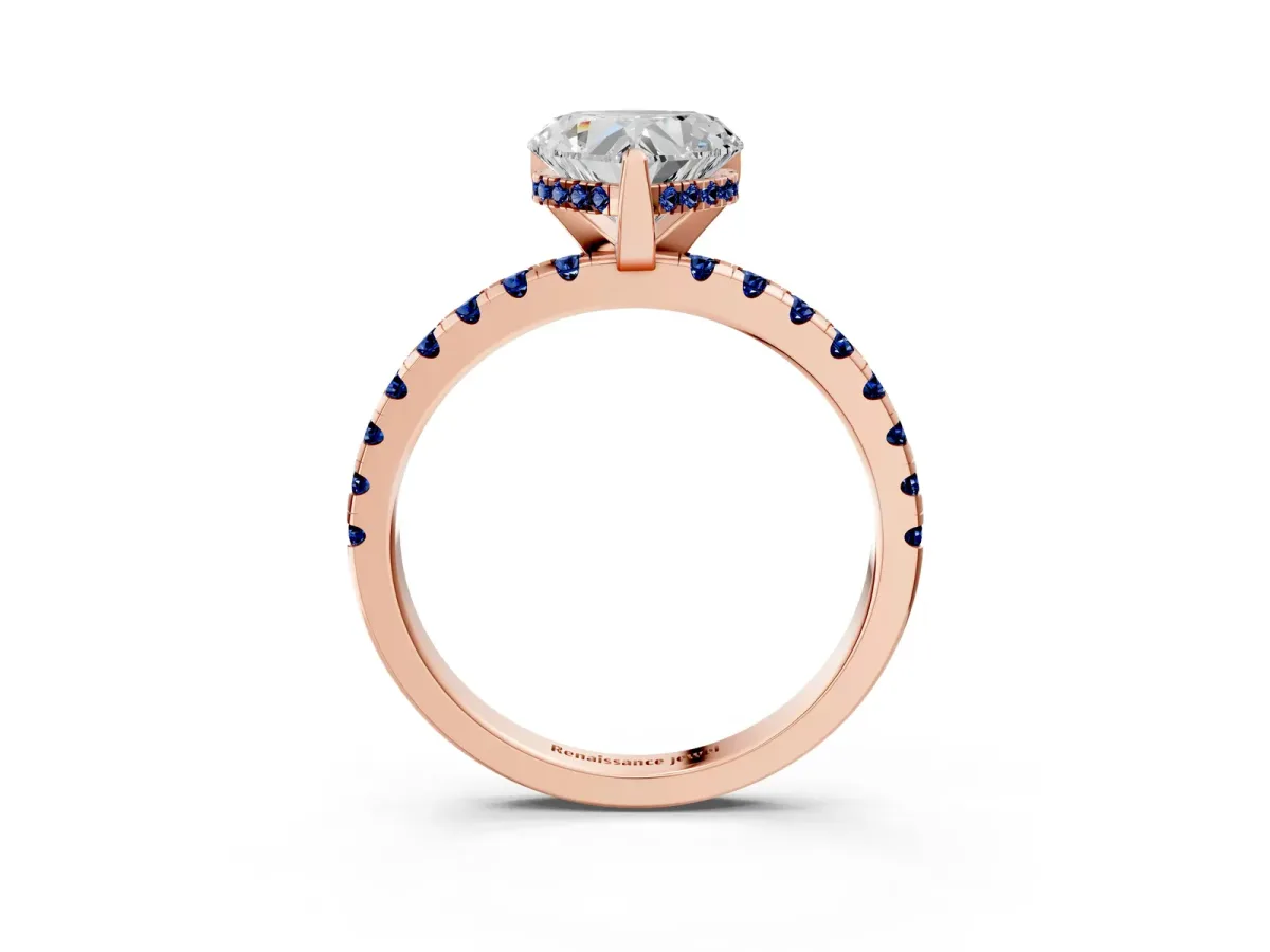Heart Cut Diamond Solitaire Ring with Round Blue Sapphire Pavé Band and Four-Prong Setting Rose gold