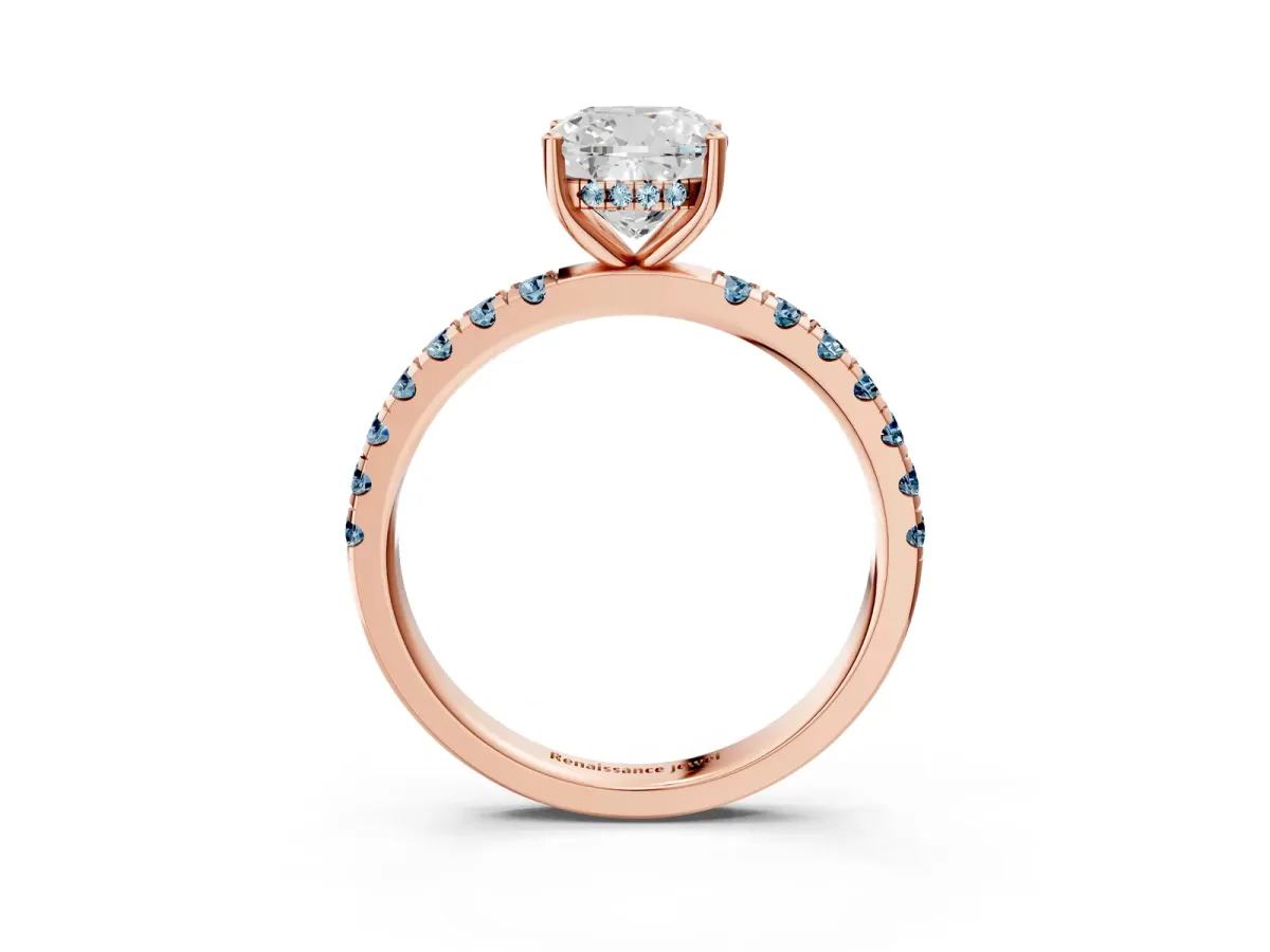 Cushion Cut Diamond Pave Band Solitaire Ring with Round Aquamarine and Prong Setting Rose gold