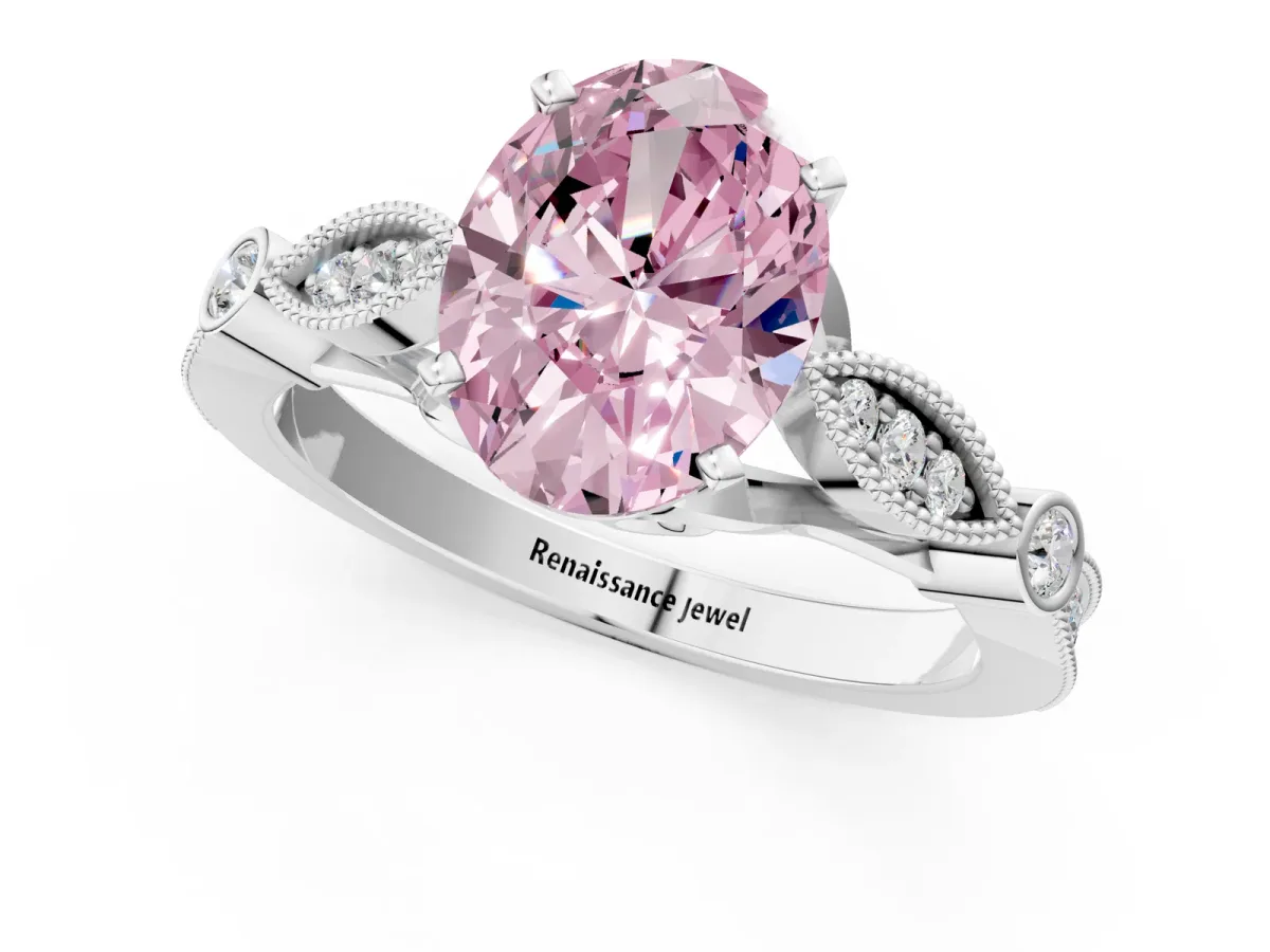 Fancy Pink Oval Cut Cut Diamond with Milgrain Marquise and Bezel Accents on a Solitaire Band with Prong Setting Silver