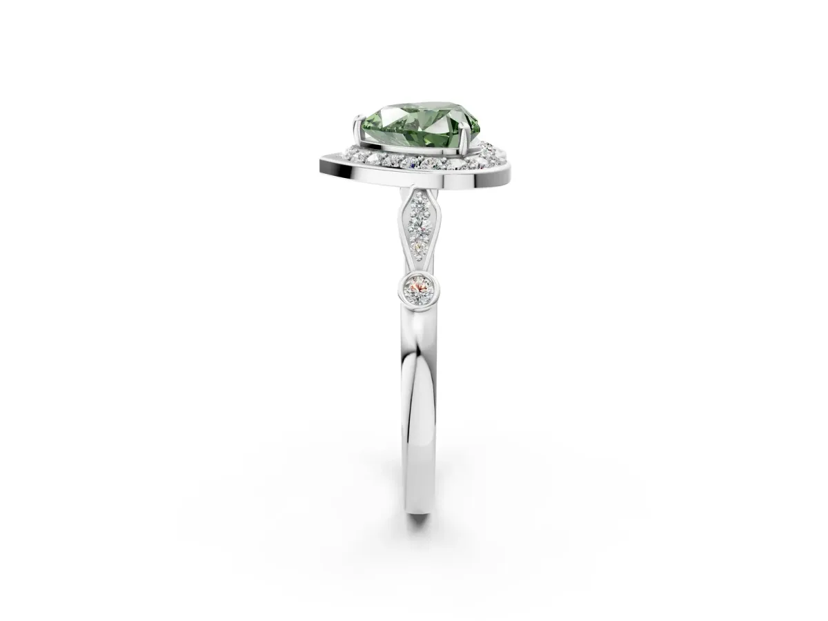 Fancy Green Heart Cut Halo Diamond Engagement Ring with Twisted Band and Four-Prong Setting Platinum