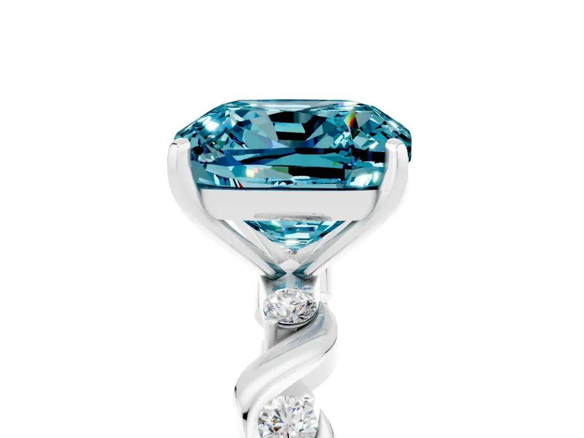 Cushion Cut Blue Topaz Solitaire Twisted Band with Round Accents and Prong Setting White gold