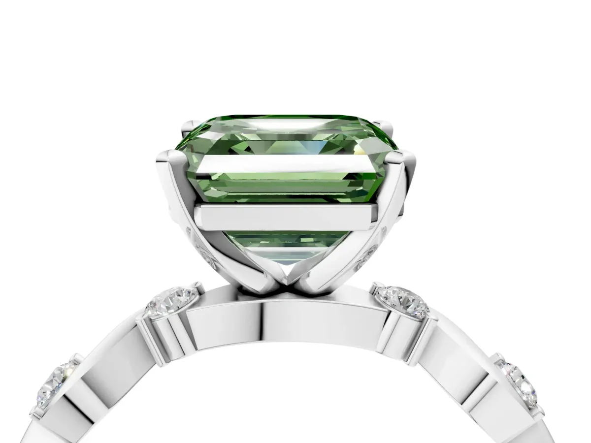 Fancy Green Asscher Cut Diamond Solitaire Twisted Band with Round Accents and Prong Setting White gold