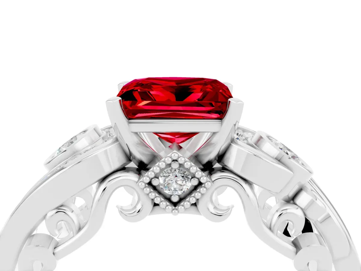 Princess Cut Ruby Solitaire Ring with Milgrain Pavé Band and Four-Prong Setting Platinum