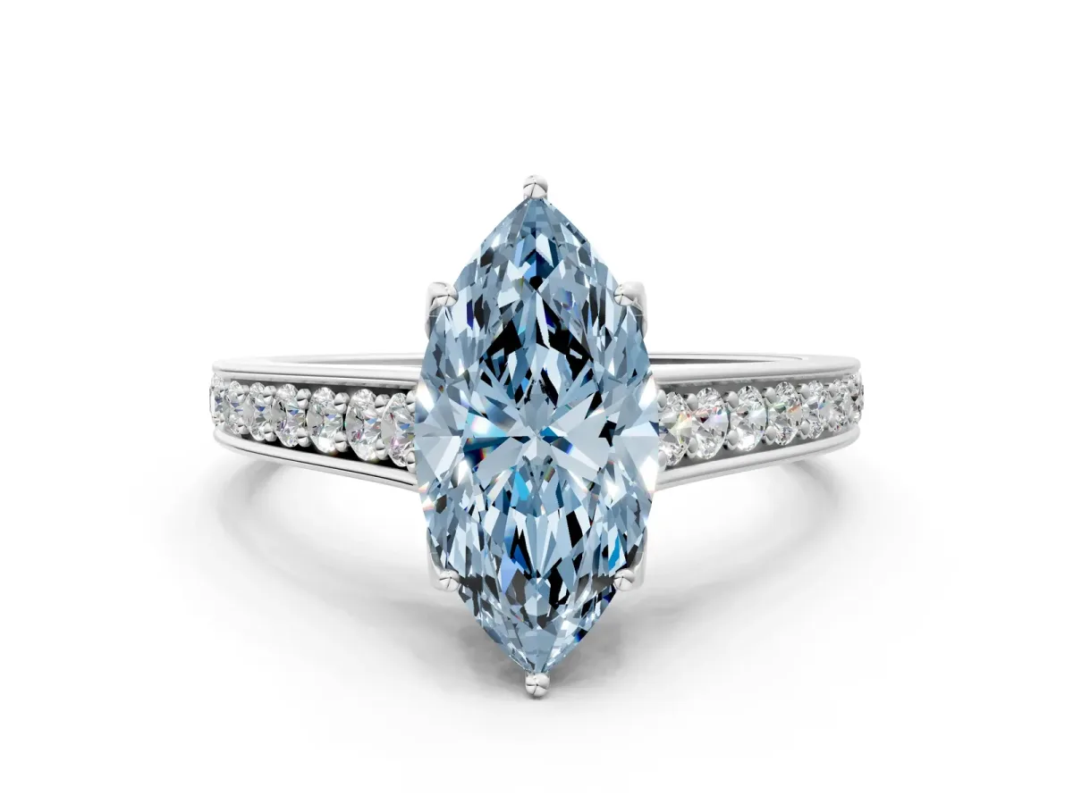 Fancy Blue Marquise Cut Brilliant Cut Diamond Engagement Ring with Pavé Band and Four-Prong Setting Platinum