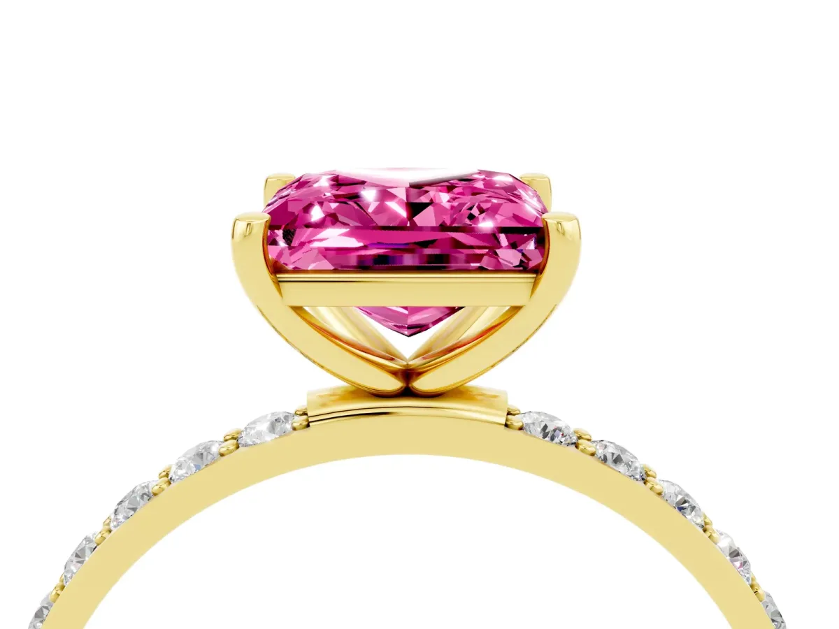 Princess Cut Pink Sapphire Solitaire Ring with Round Pavé Band and Prong Setting Yellow gold