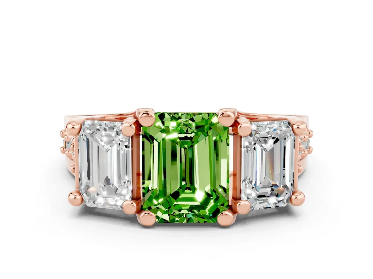 Emerald Cut Peridot Three-Stone Ring with Channel Set Band and Four-Prong Setting Rose gold