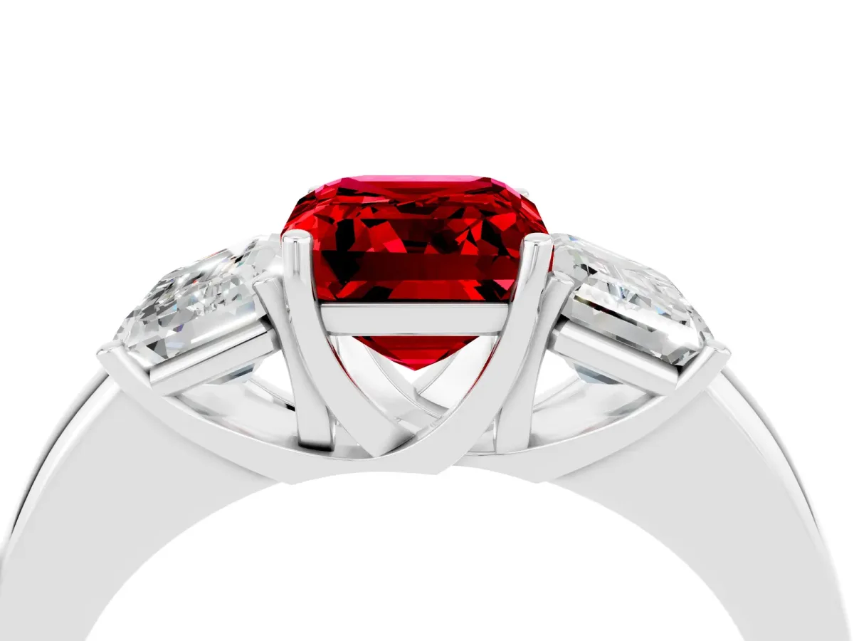 Emerald Cut Ruby Three-Stone Ring with Four-Prong Setting and Classic Band Silver