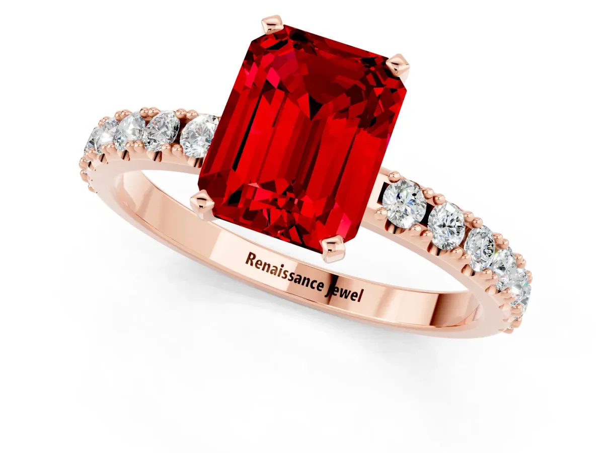 Emerald Cut Ruby Solitaire Pavé Band with Four-Prong Setting Rose gold