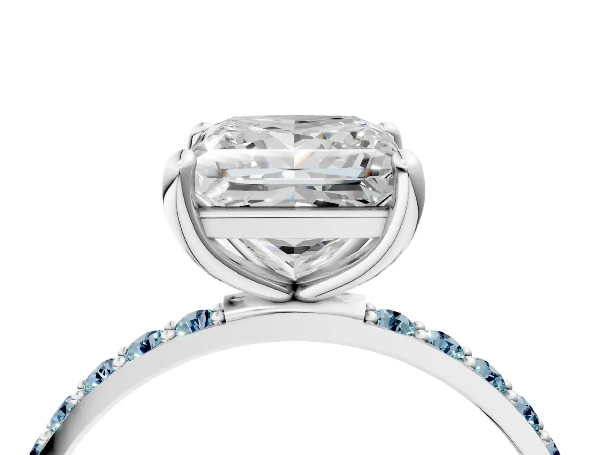 Princess Cut Diamond Solitaire Ring with Round Aquamarine Pavé Band and Prong Setting White gold