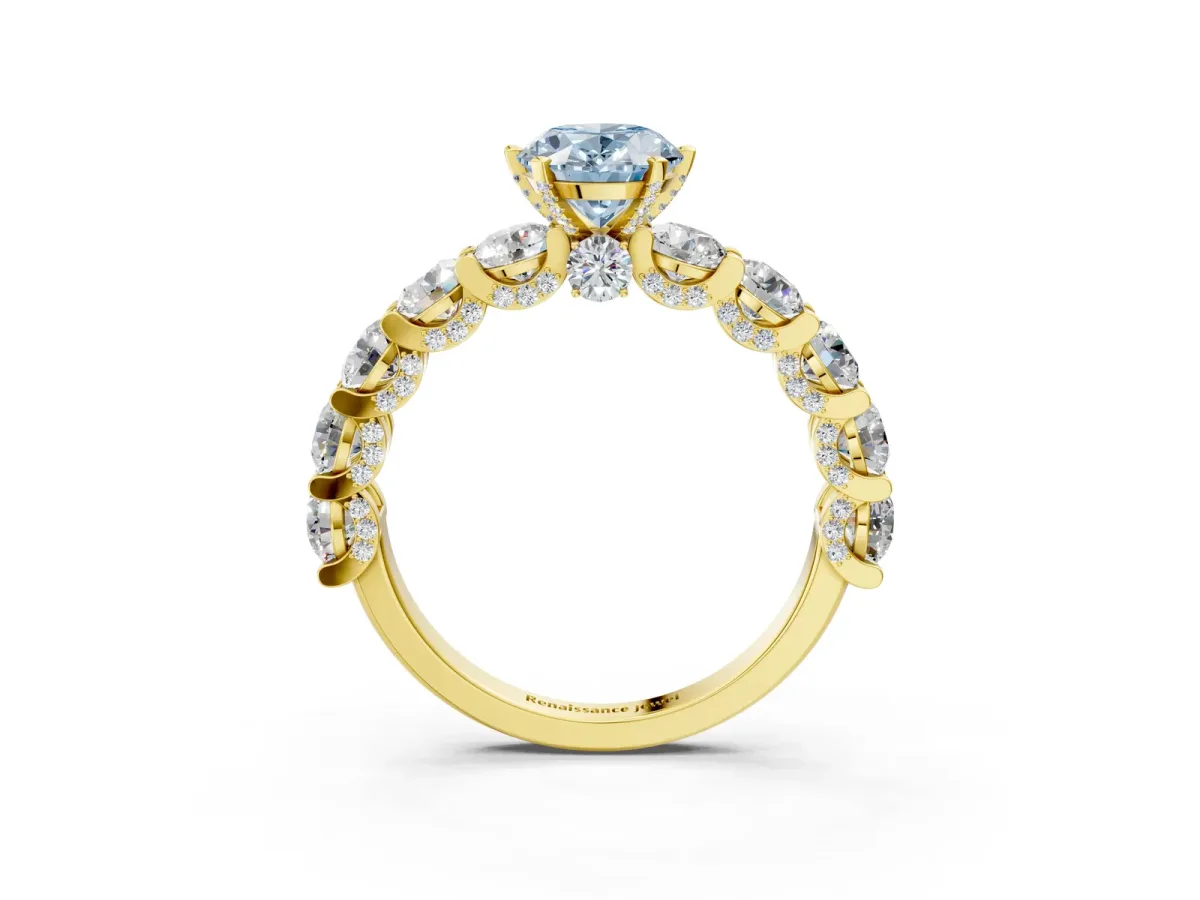 Fancy Blue Oval Cut Diamond Side Stone Engagement Ring with Four-Prong Setting Yellow gold