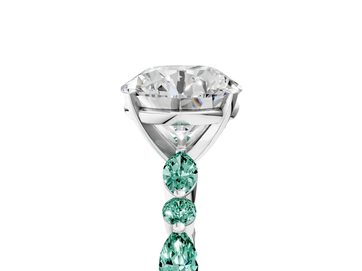 Round Cut Diamond Ring with Marquise and Round Green Sapphire Side Stones and Four-Prong Setting Platinum