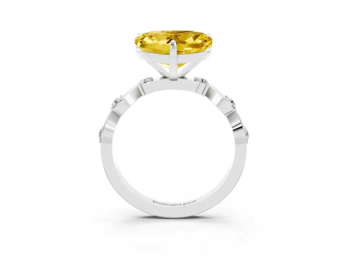 Heart Cut Yellow Sapphire Solitaire Twisted Band with Round Accents and Prong Setting Platinum