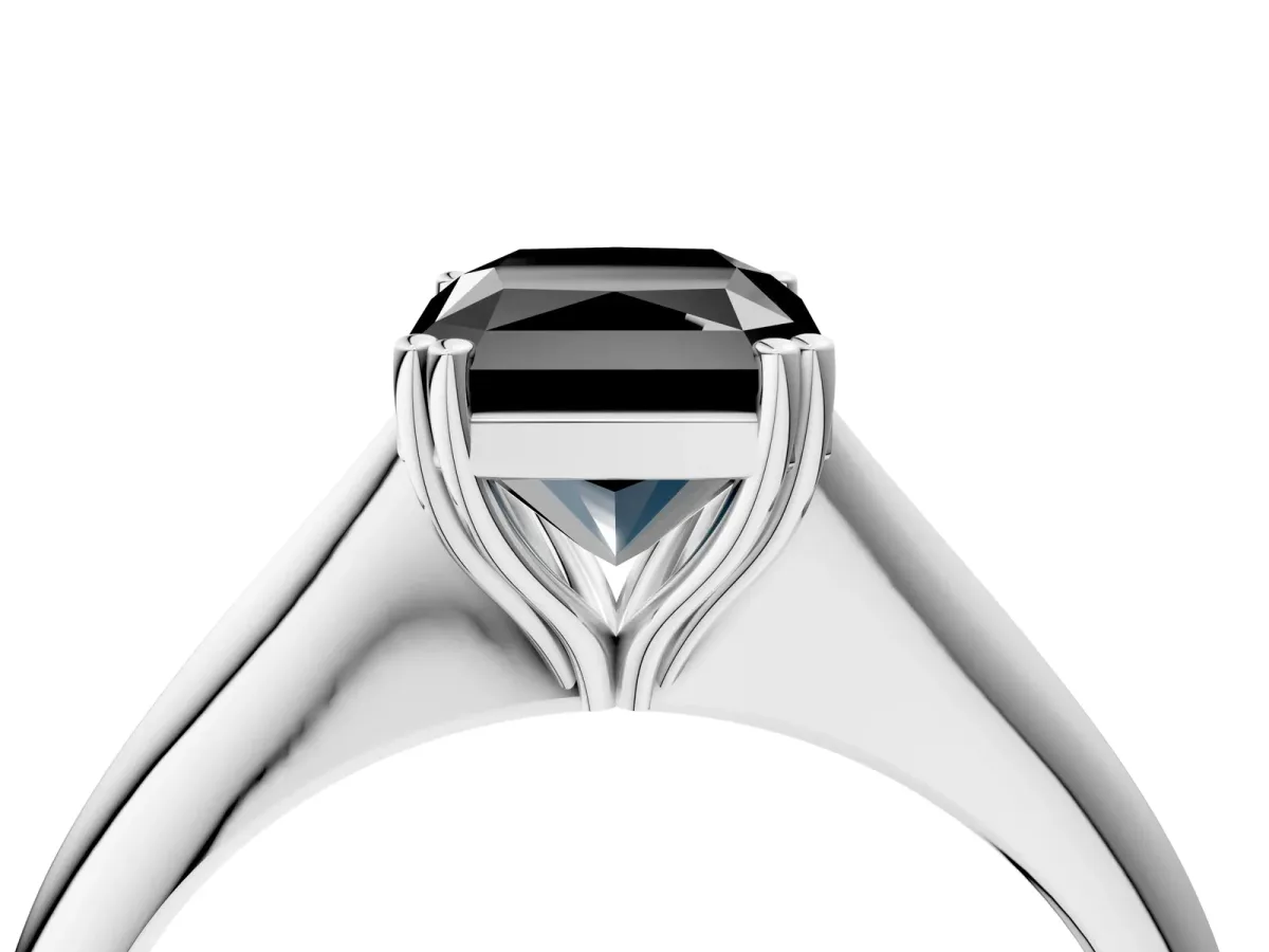 Fancy Black Radiant Cut Solitaire Diamond Ring with Six-Prong Setting and Classic Band Platinum