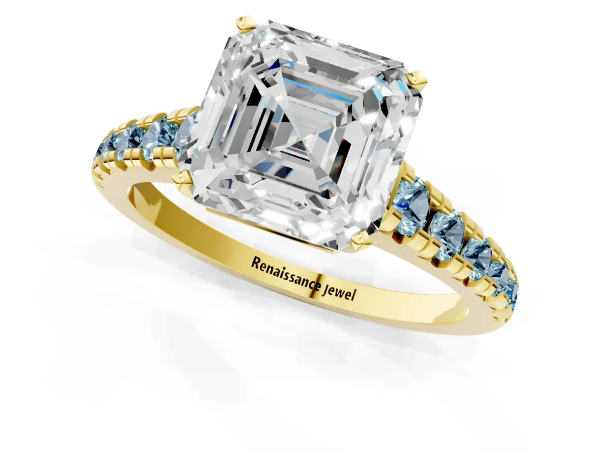 Asscher Cut Diamond Cathedral Solitaire Ring with Round Aquamarine Pavé Band Yellow gold