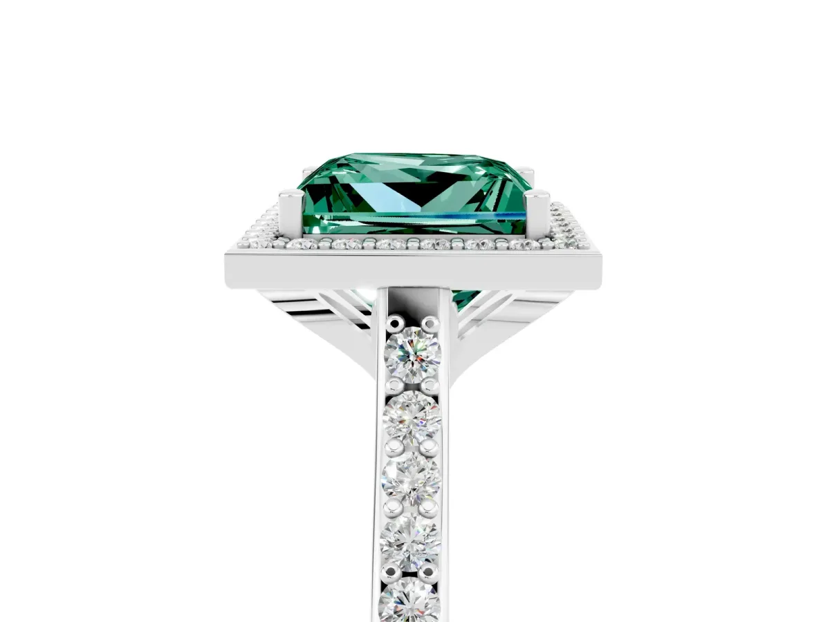 Princess Cut Green Sapphire Halo Engagement Ring with Round Pavé Shoulders and Prong Setting Silver