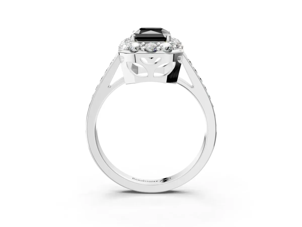 Fancy Black Radiant Cut Diamond Floral Halo Ring with Pavé Band and Prong Setting Platinum