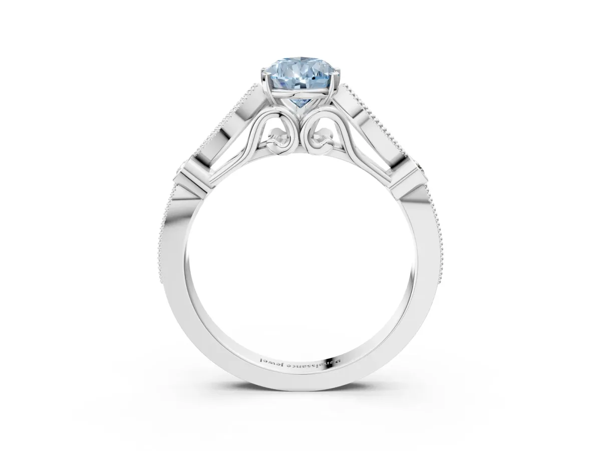 Fancy Blue Pear Cut Cut Diamond with Milgrain Marquise and Bezel Accents on a Solitaire Band with Prong Setting Silver