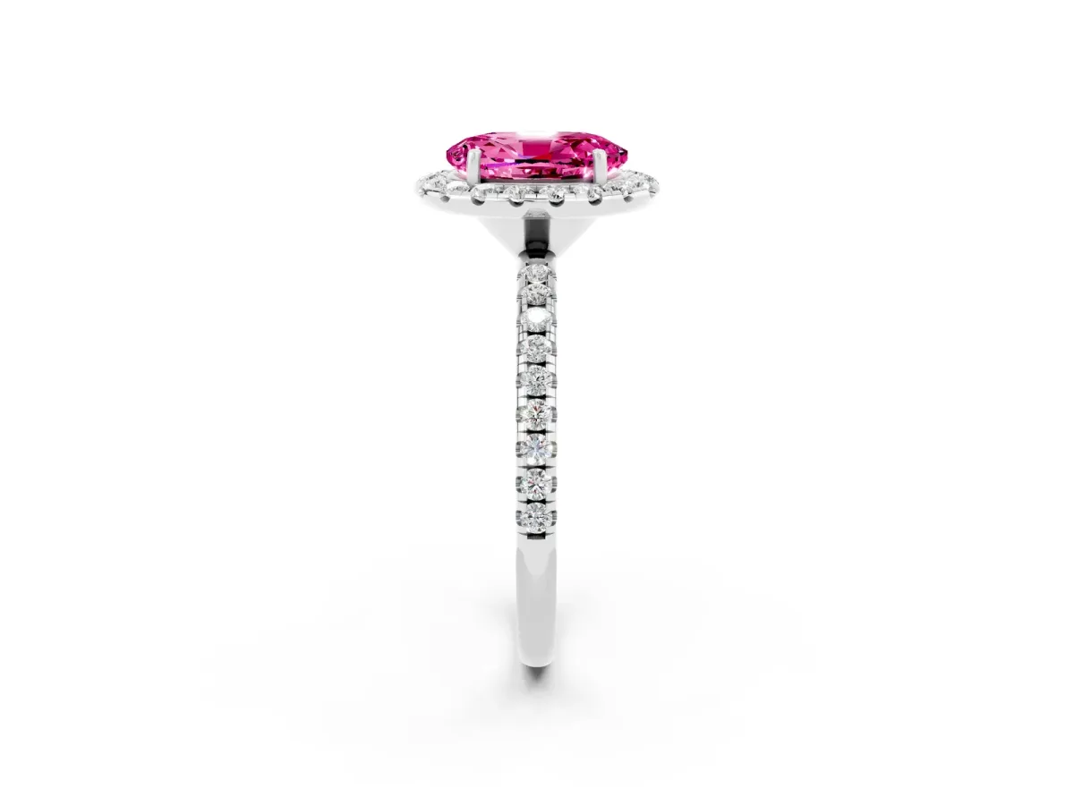 Oval Cut Pink Sapphire Halo Ring with Round Pavé Band and Prong Setting White gold