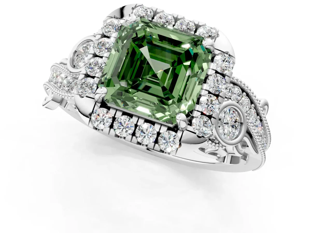 Fancy Green Asscher Cut Diamond Halo Ring with Milgrain Pavé Band and Four-Prong Setting White gold