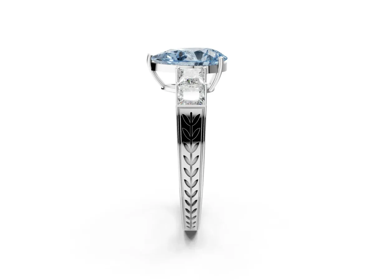 Fancy Blue Pear Cut Solitaire Princess Side Stone Engraved Band Prong Setting Ring Platinum