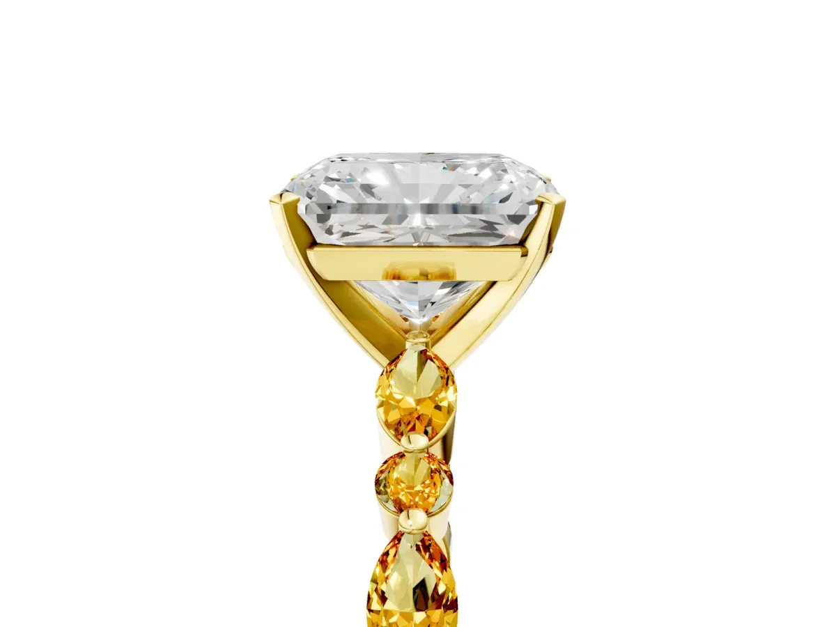 Radiant Cut Diamond Ring with Marquise and Round Citrine Side Stones and Four-Prong Setting Yellow gold