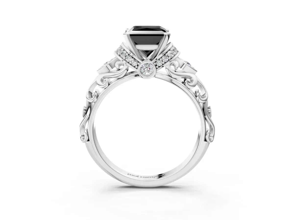 Fancy Black Princess Cut Diamond Solitaire Ring with Filigree Band and Four-Prong Setting Silver